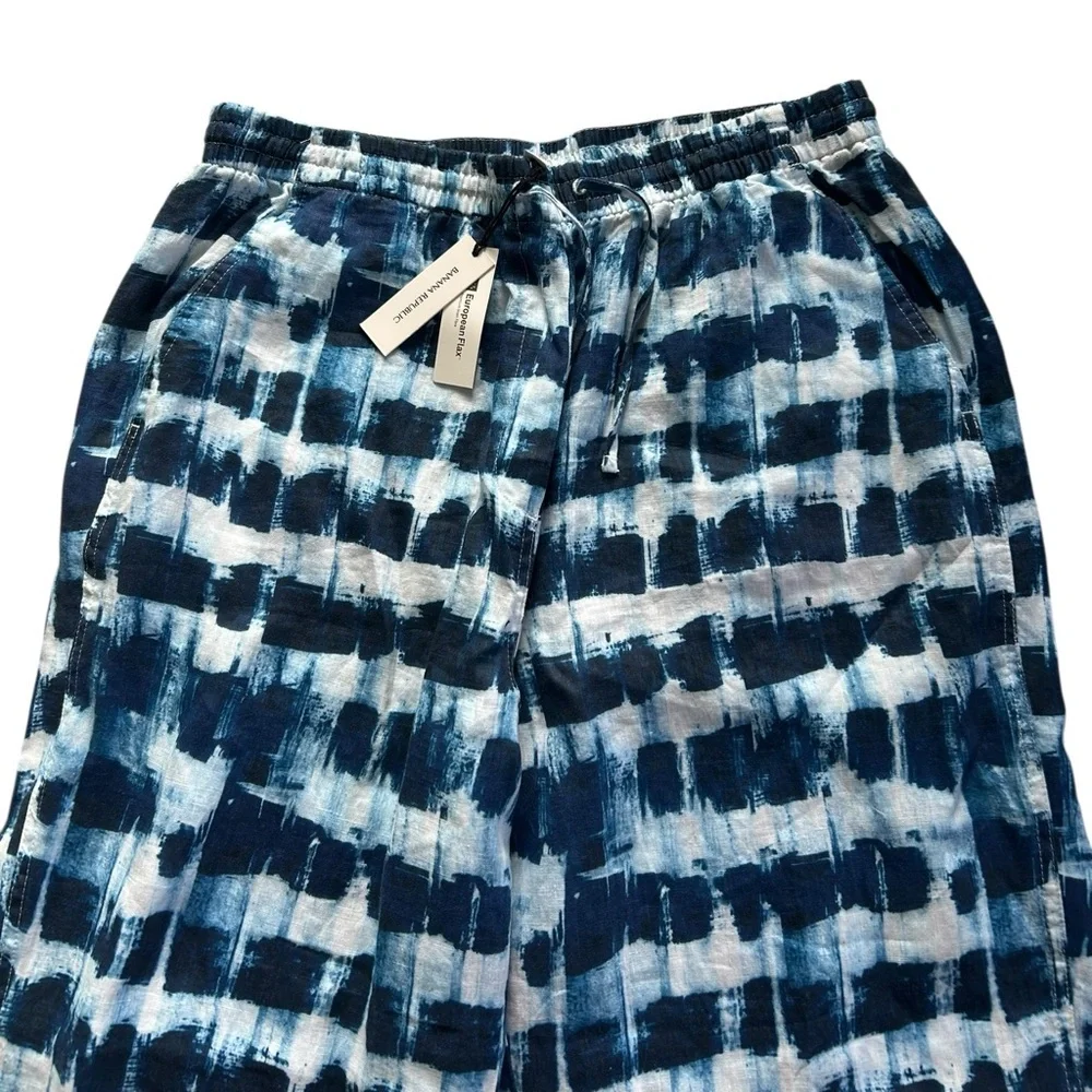 Banana Republic 100% LINEN WIDE LEG ANKLE PANT NWT Blue Shibori size L Coastal